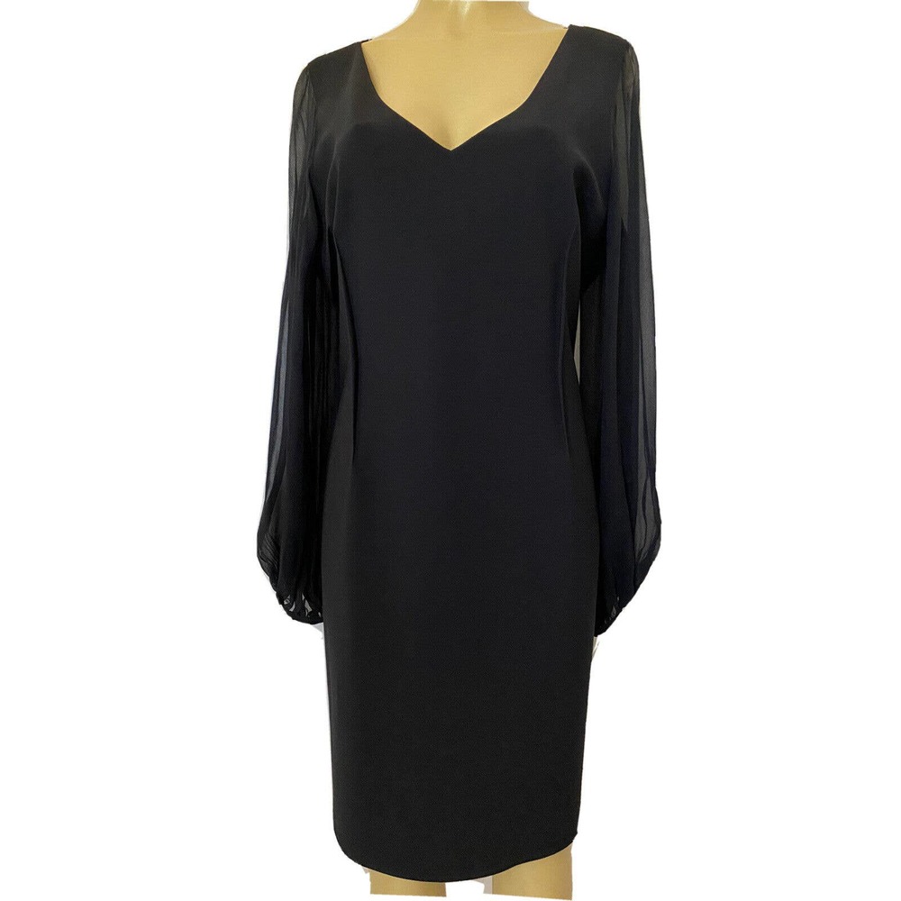 Rickie Freeman Teri Jon Dress Scuba Sheath Navy Silk Sheer long Sleeve 18